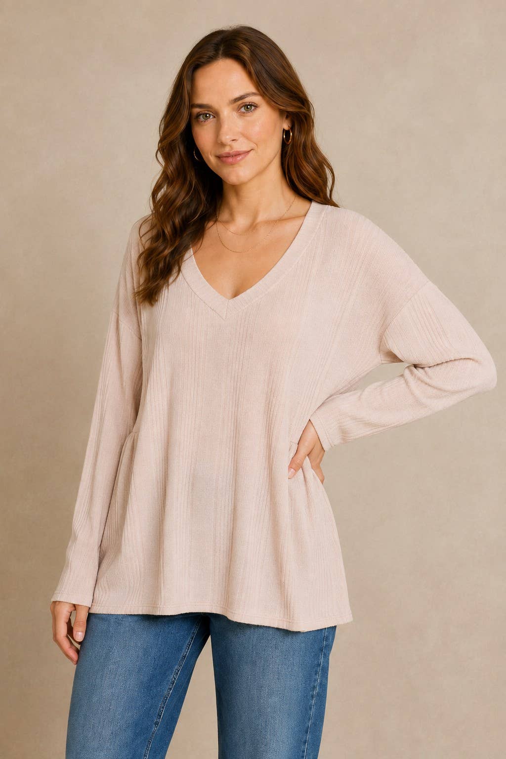 Plus size Rib knit long sleeve top with side yoke.