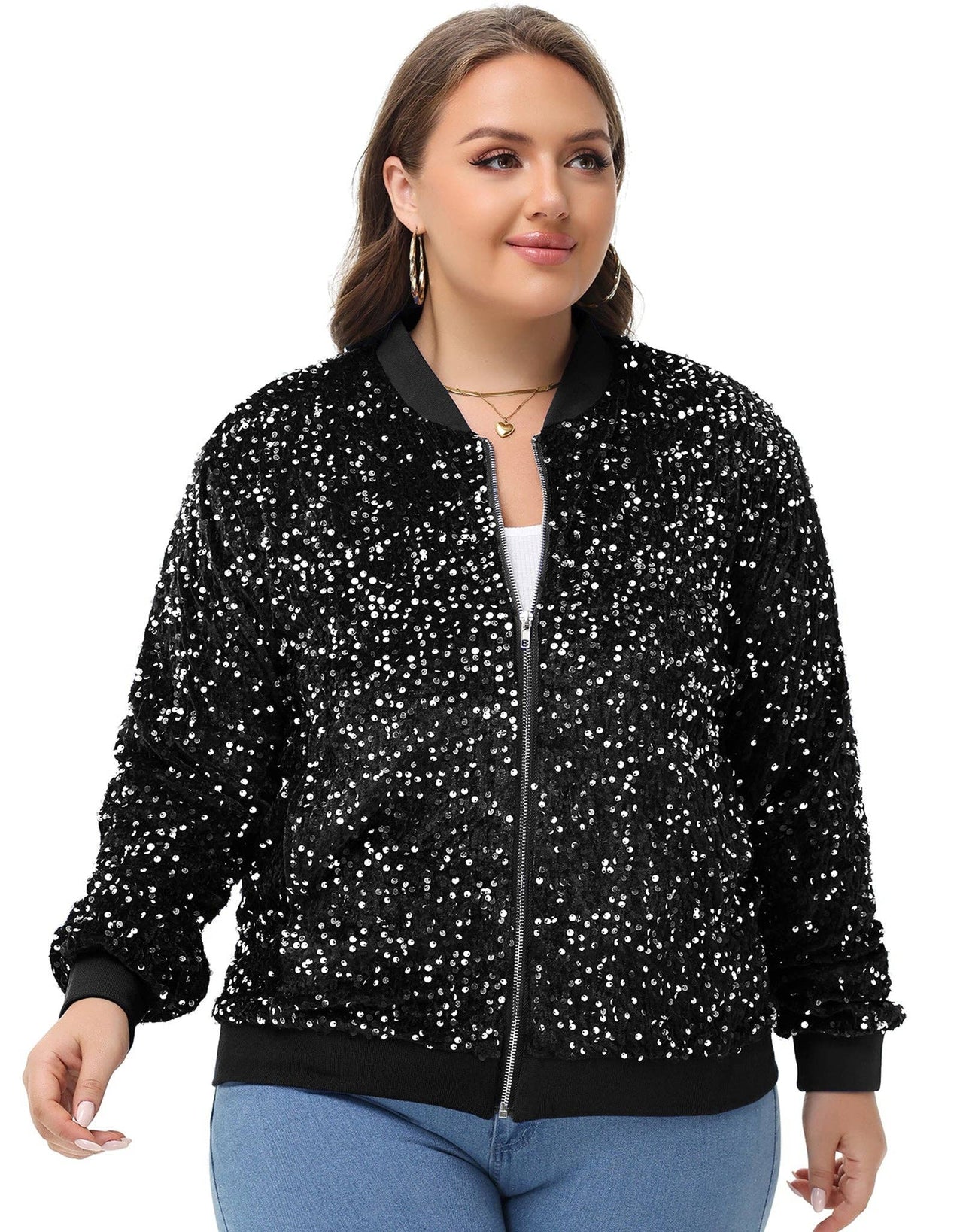 Plus Size Sequin Jacket Sparkly Zip Bomber Coat With Pockets
