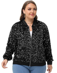 Thumbnail for Plus Size Sequin Jacket Sparkly Zip Bomber Coat With Pockets