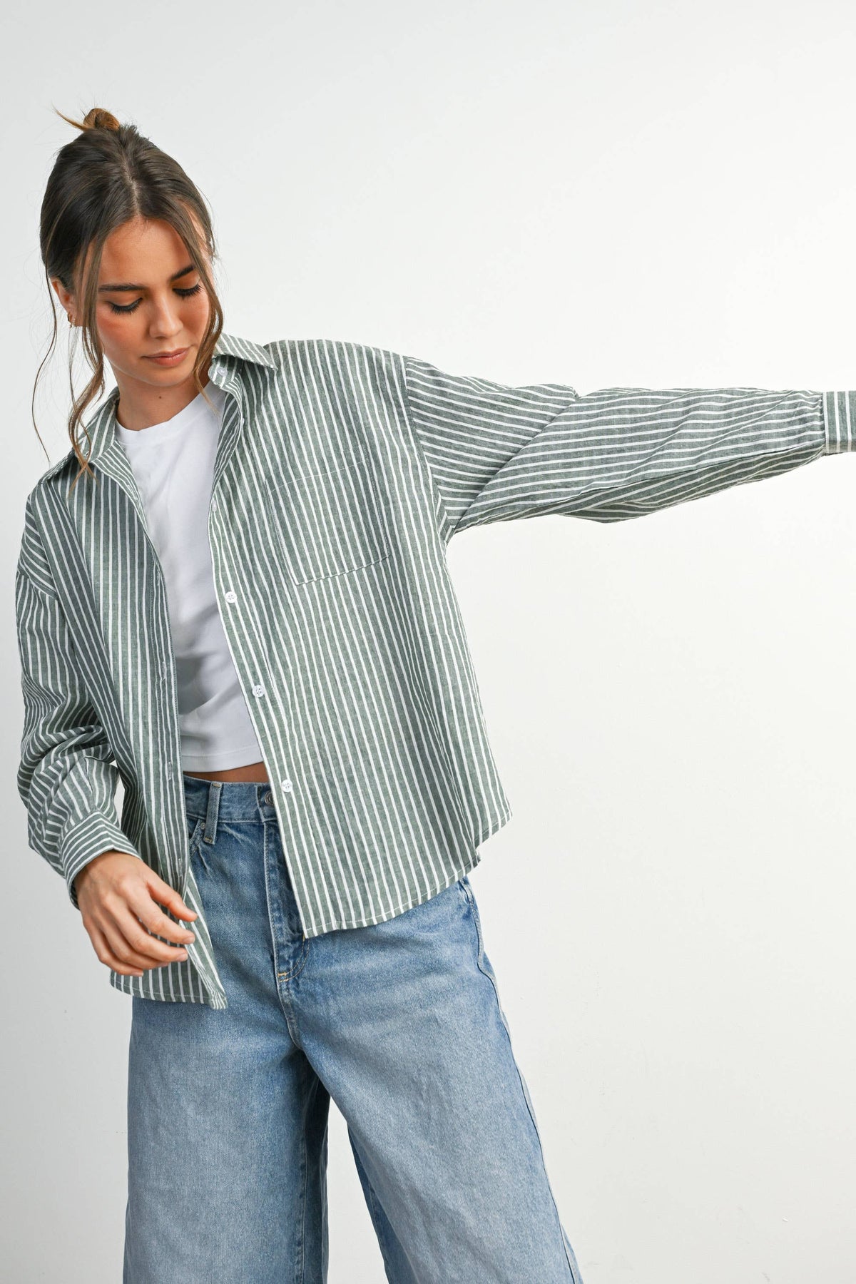 Cropped Striped Button-Up Collared Long Sleeve Top - BMT7915