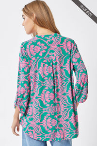 Thumbnail for PLUS SIZE 3/4 Sleeve Lizzy Wrinkle Free Blouse: Emerald Pink