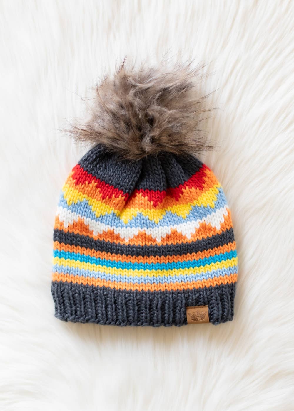 Black & Colorful Patterned Pom Hat