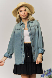 Thumbnail for EMBROIDERY PATTERN DENIM BUTTON UP SHIRT- LET4298