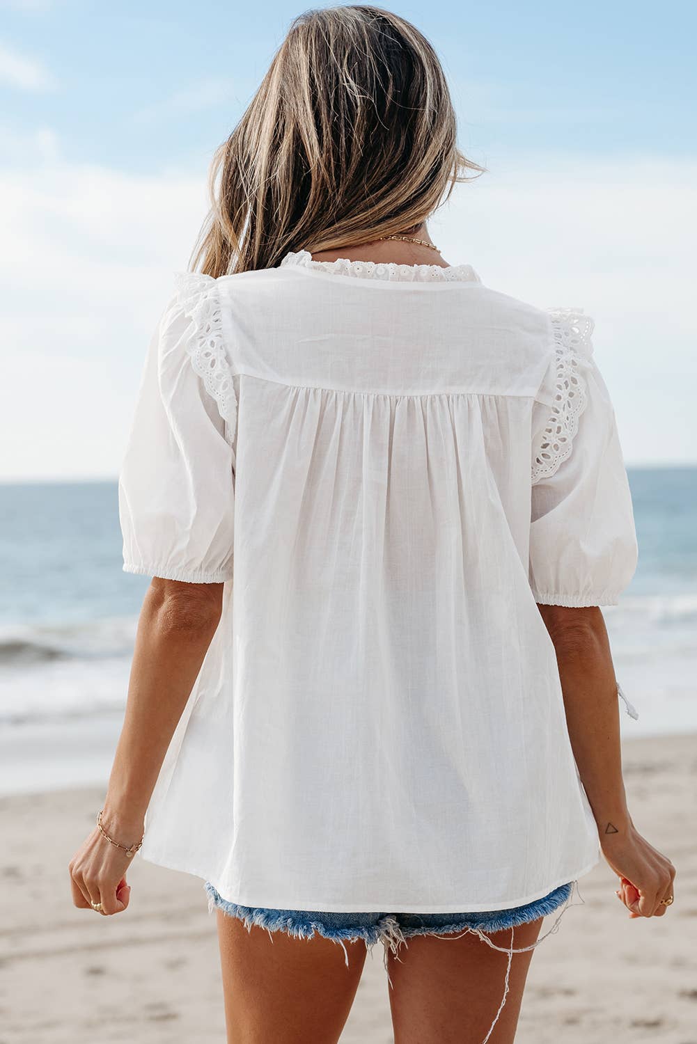 Embroidered Lace Puff Short Sleeve Blouse