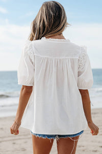 Thumbnail for Embroidered Lace Puff Short Sleeve Blouse