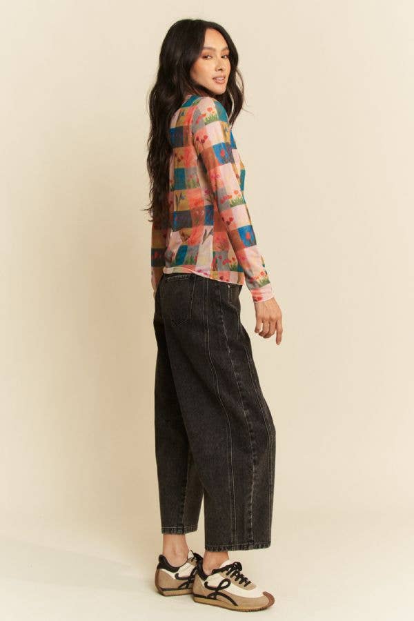 MULTI CHECKER FLORAL PRINTED LONG SLEEVE MESH TOP