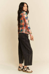 Thumbnail for MULTI CHECKER FLORAL PRINTED LONG SLEEVE MESH TOP