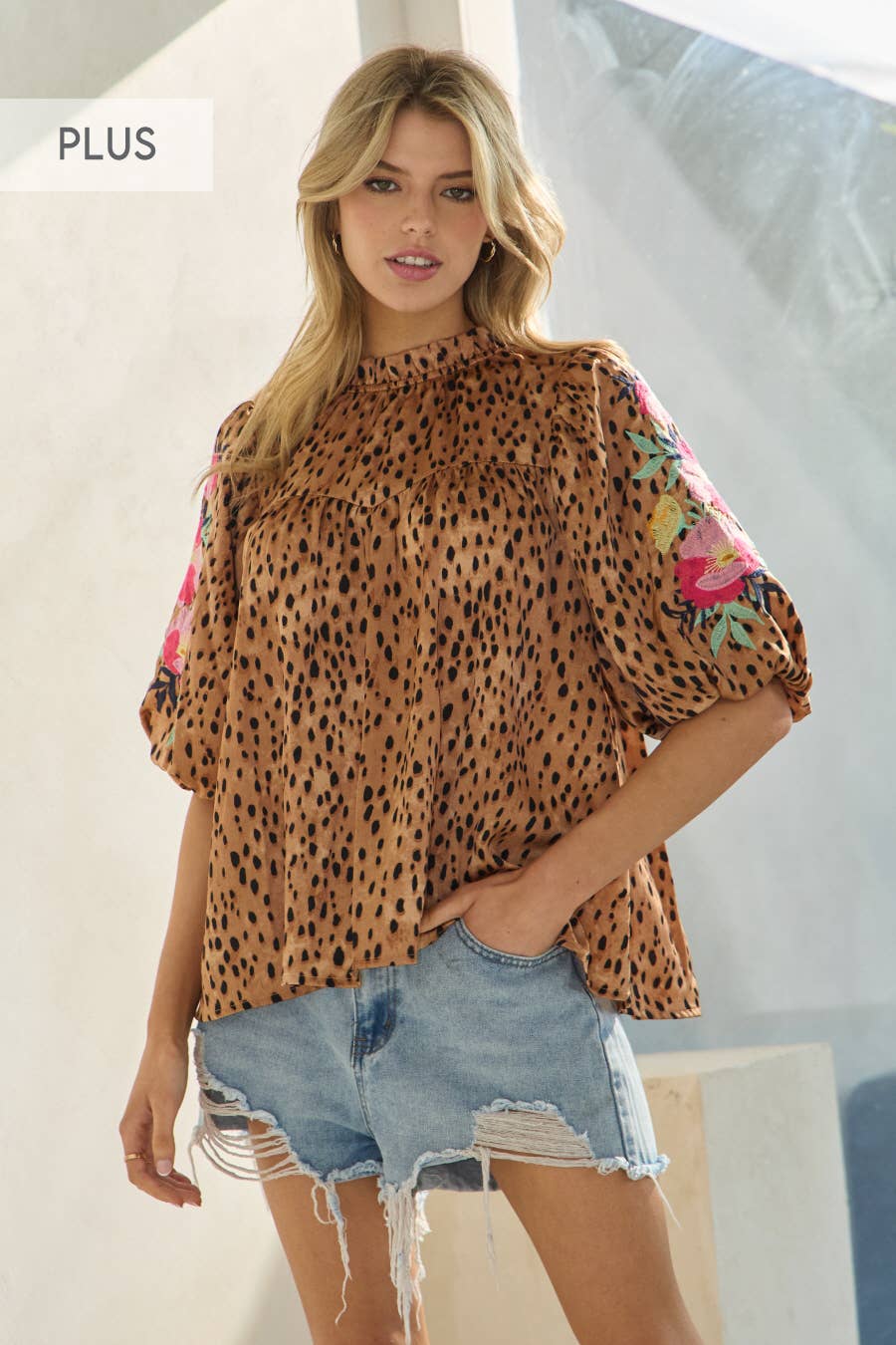 Plus Leopard Printed Embroidered Blouse