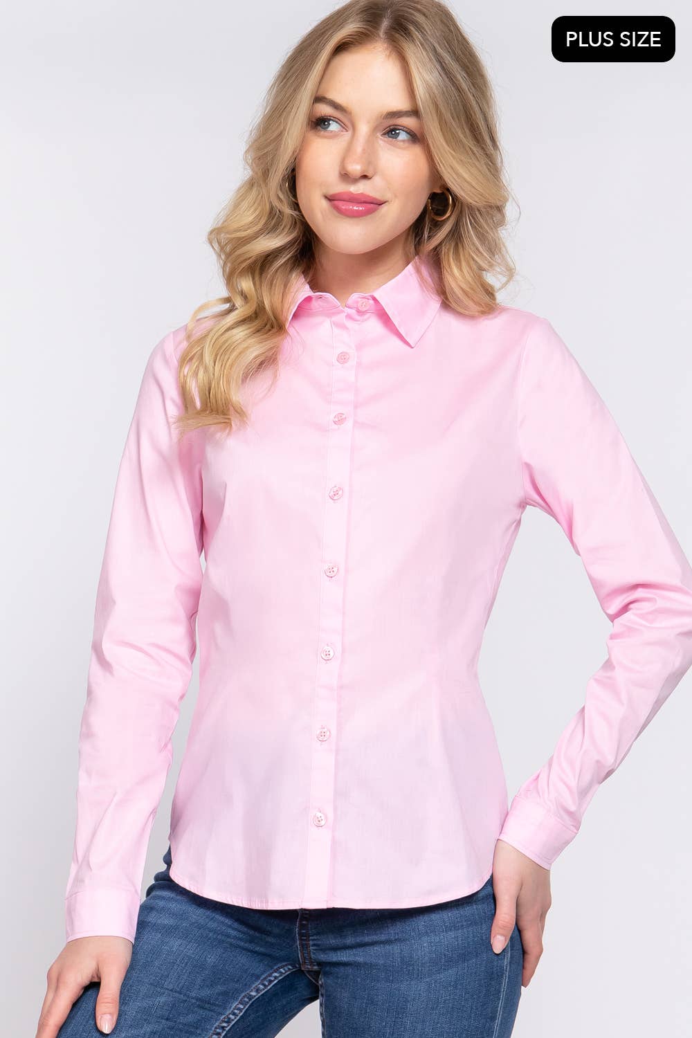 [PLUS SIZE] Long Sleeve Button Down Stretch Poplin Shirt