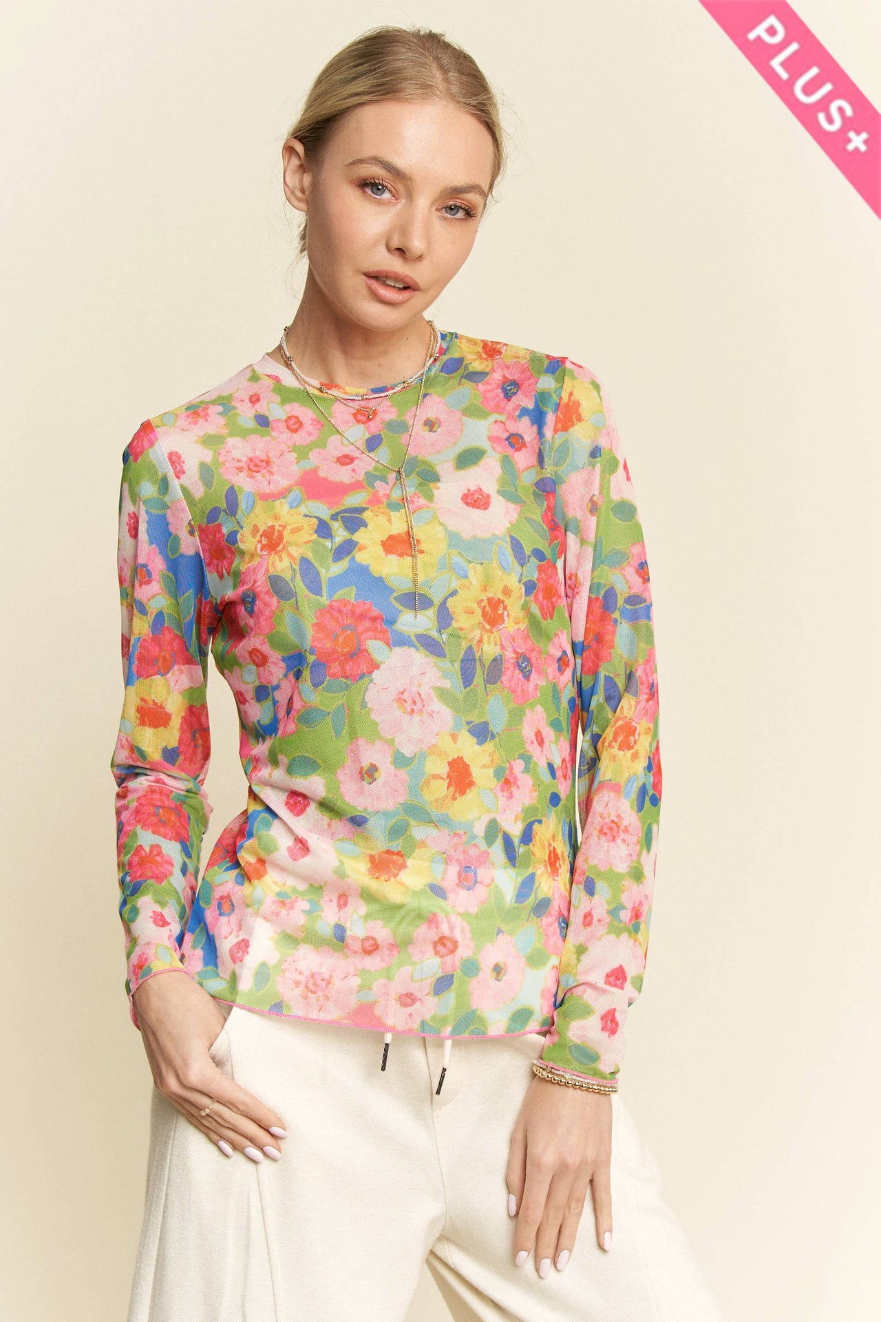 PLUS FLOWER PRINT MESH ROUND NECK LONG SLEEVE TOP