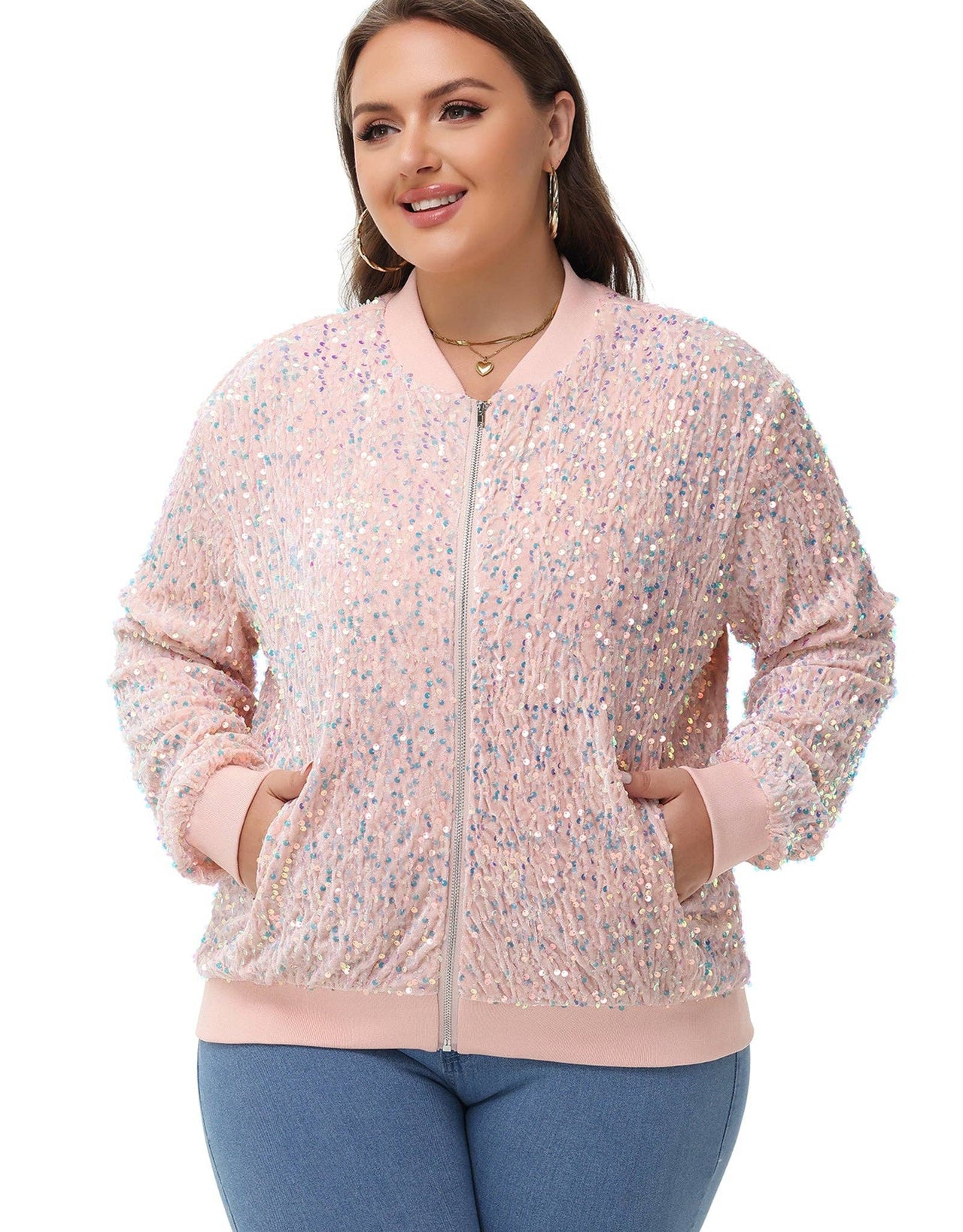 Plus Size Sequin Jacket Sparkly Zip Bomber Coat With Pockets