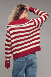 Thumbnail for Lace-Up Cable Knit Striped Sweater Top