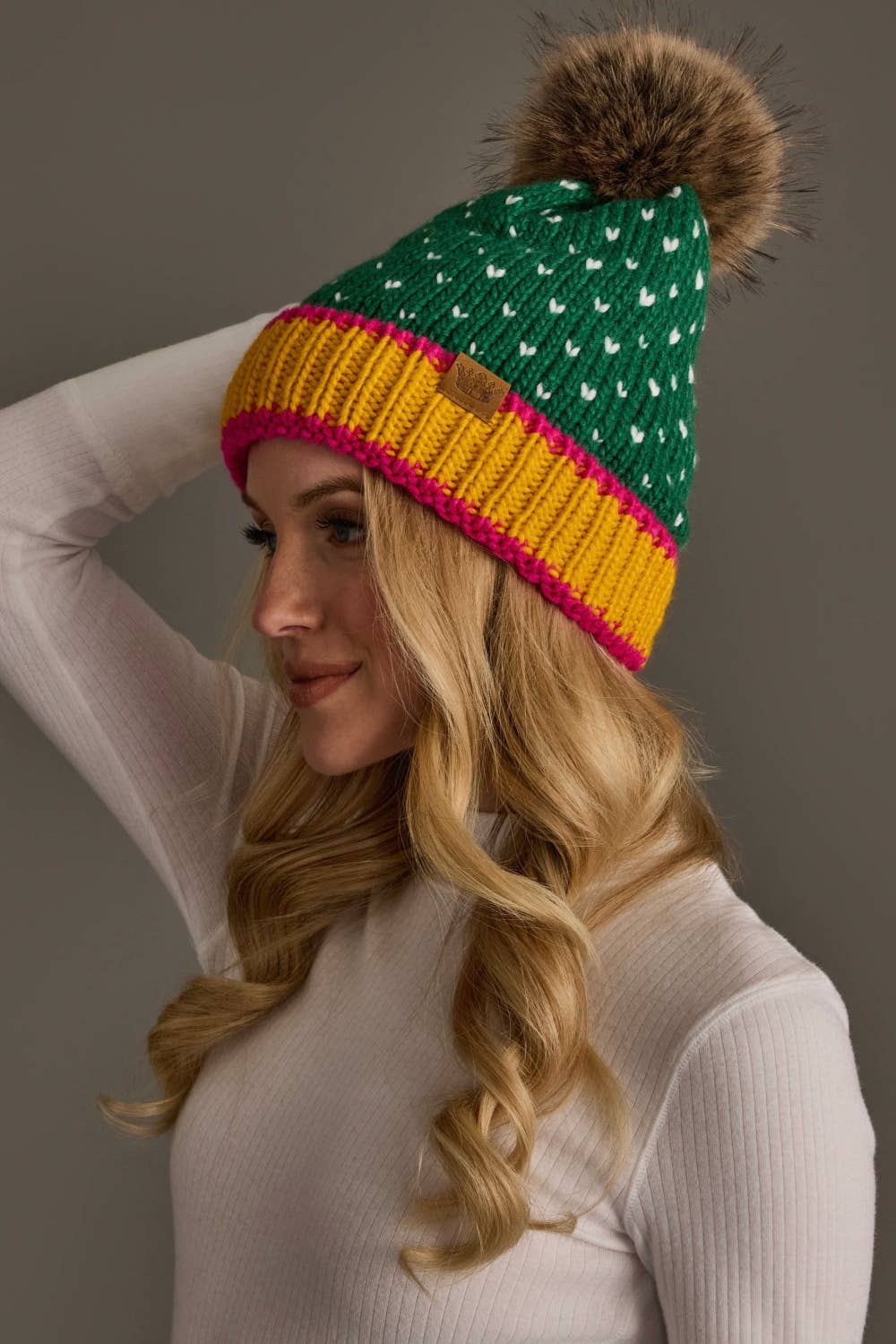 Green, White & Mustard Heart Design Pom Hat