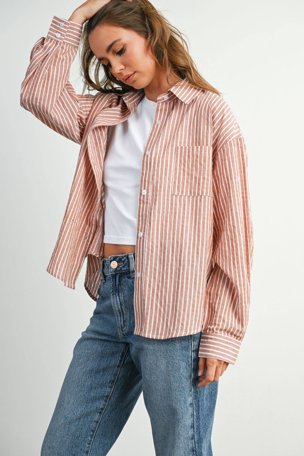 Cropped Striped Button-Up Collared Long Sleeve Top - BMT7915
