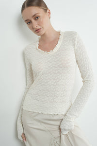 Thumbnail for Elegant Cream Lace Long-Sleeve Top with Ruffle Details and U-Neckline