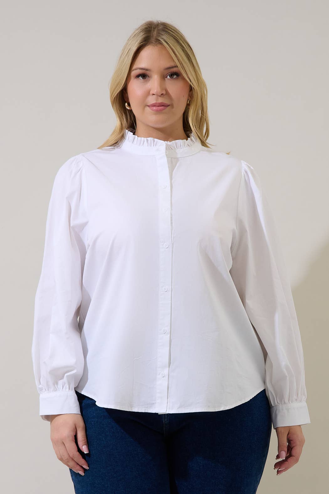 Doris Button Down Shirt Curve | White Cotton Ruffle Collar Blouse