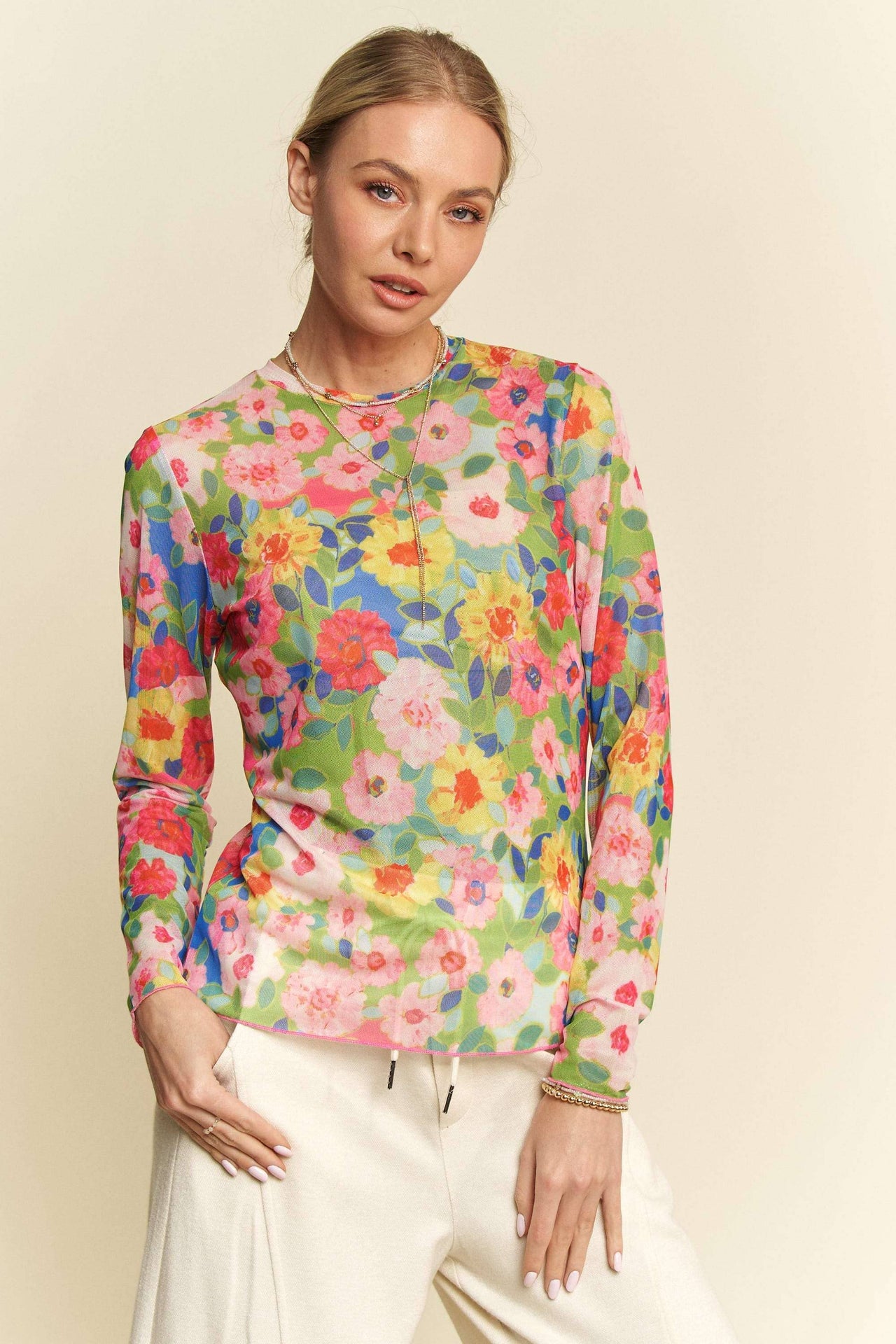 Floral Mesh Round Neck Long-Sleeve Top