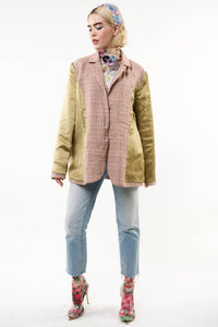 Thumbnail for Pink Ash Washed Button-Up Blazer with Embroidered Patches and Velvet Elbow Details