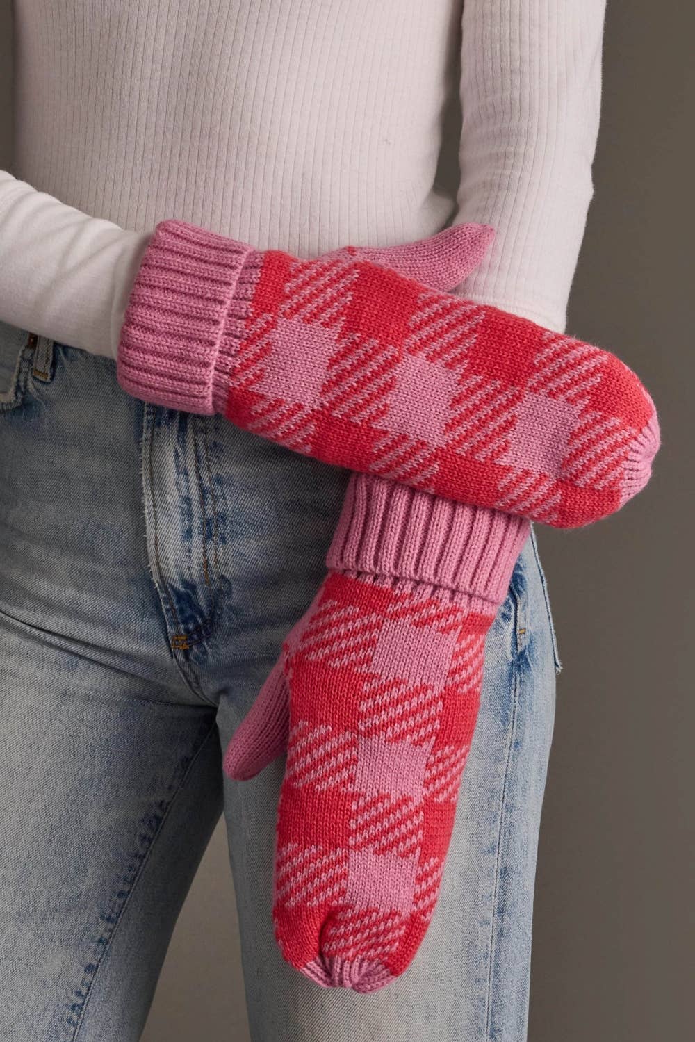 Pink & Bright Pink Plaid Knit Mittens