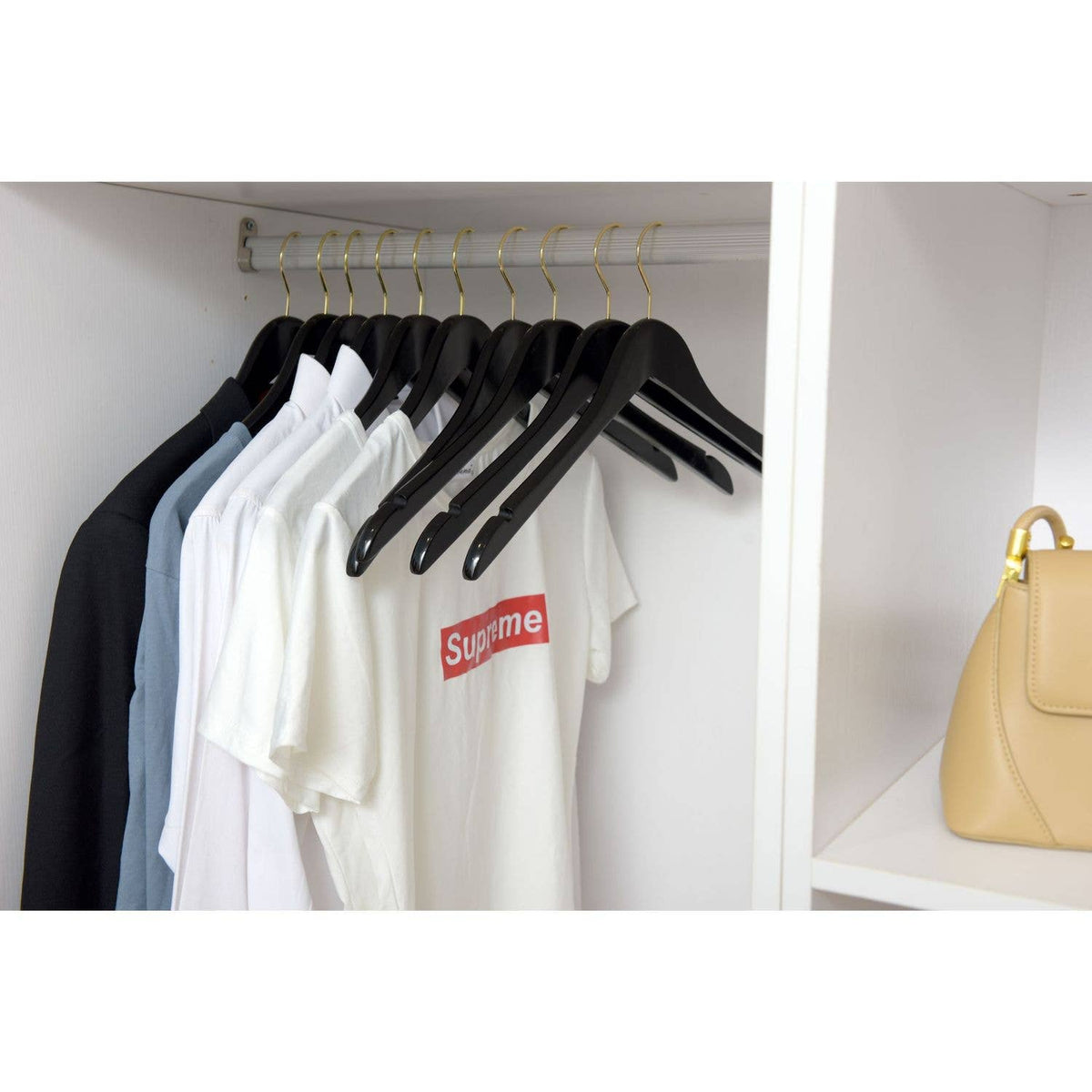 W071 Semi Curved Wooden Hangers - Black with Gold Hook - 80