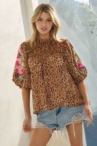 Thumbnail for Leopard Printed Embroidered Blouse