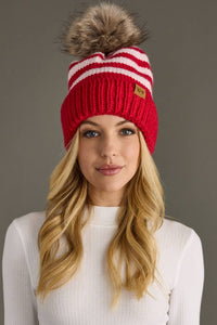 Thumbnail for Red & Pink Striped Pom Hat