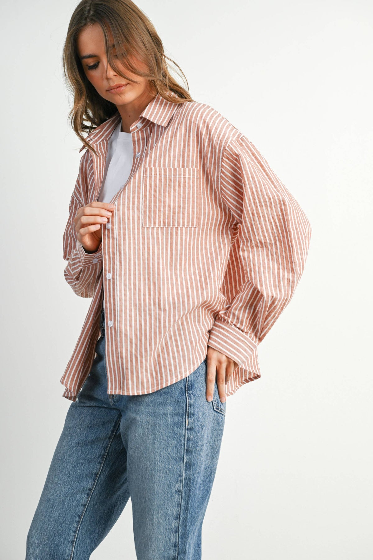 Cropped Striped Button-Up Collared Long Sleeve Top - BMT7915