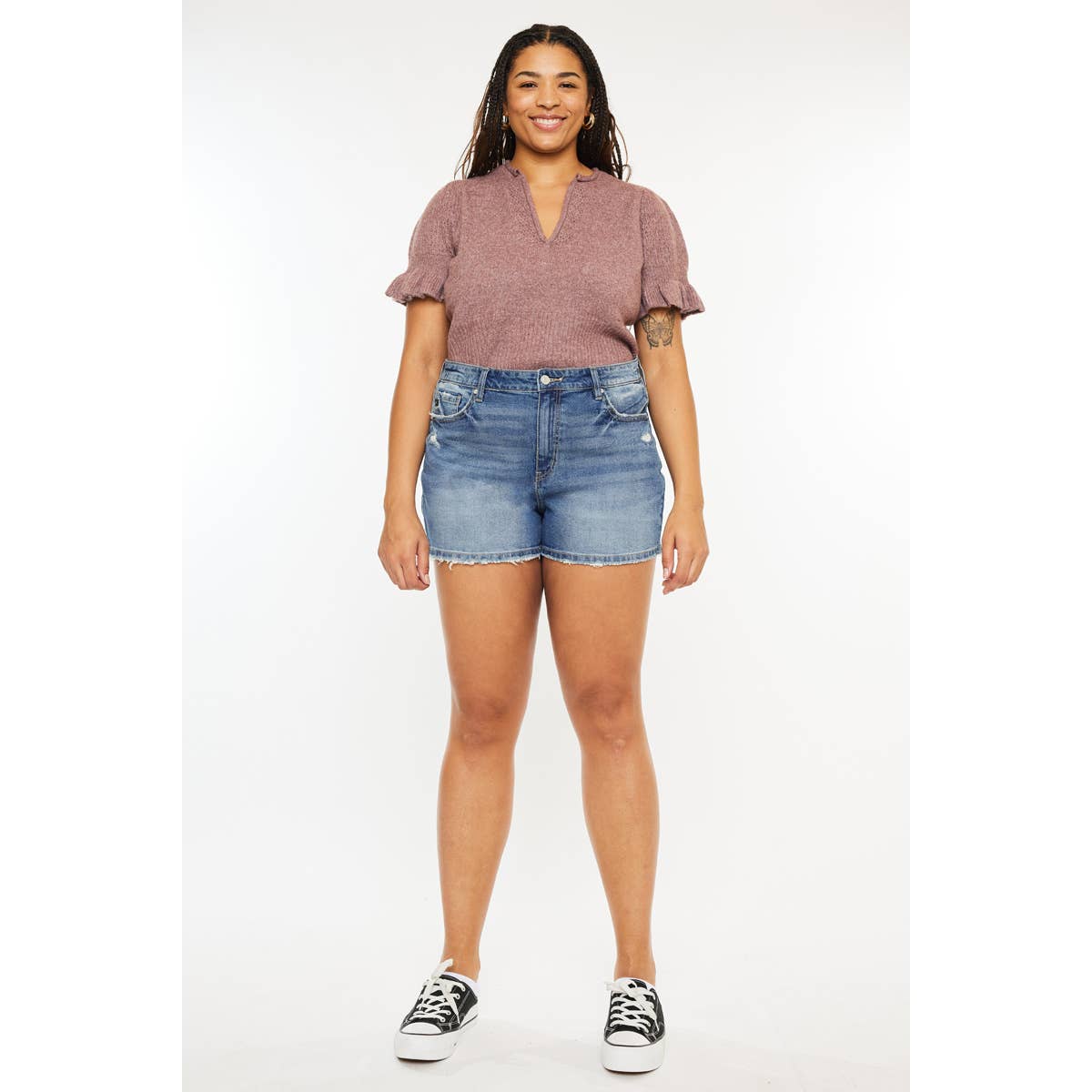 KanCan USA - Plus High Rise Mom Short Medium Stone Wash