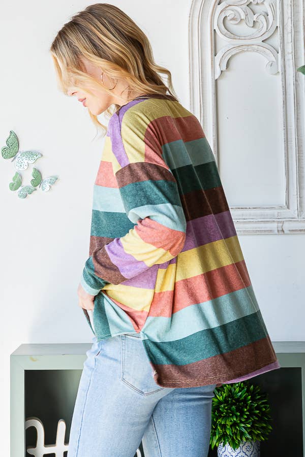 Multi-color Stripe Top with a Roundneck and Slits