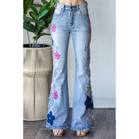 Thumbnail for WASHED FLOWER EMBROIDERY DENIM PANTS