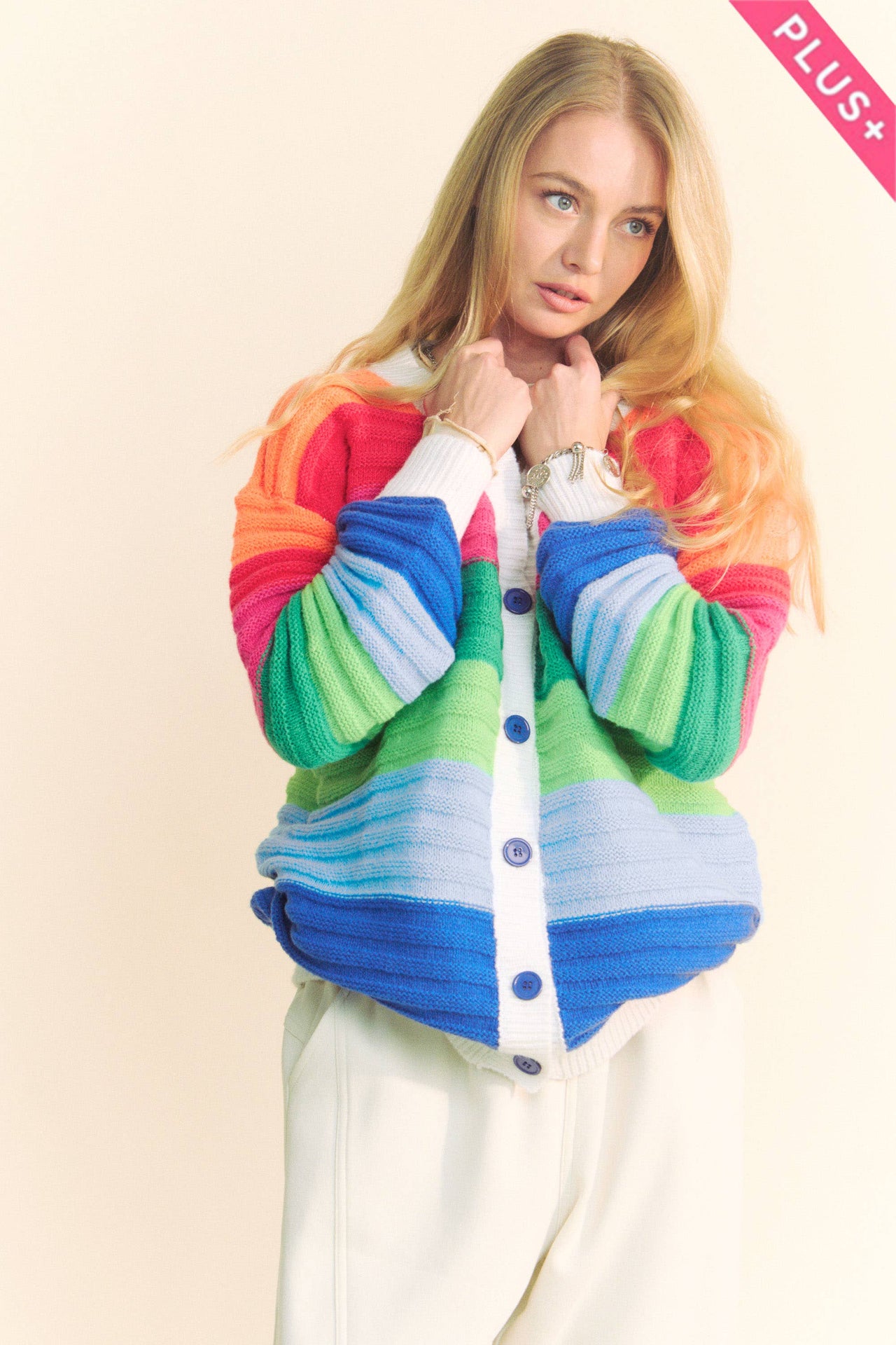 PLUS STRIPED TEXTURED KNIT MULTI SWEATER CARDIGAN: Rainbow