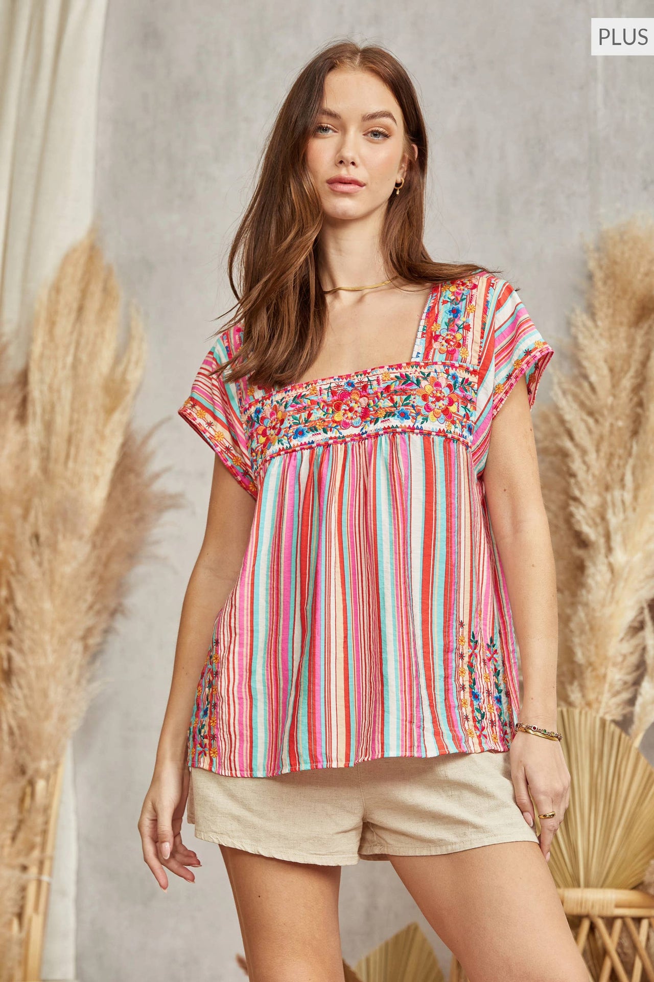 PLUS SIZE Squared Neckline Embroidered Top: MULTI