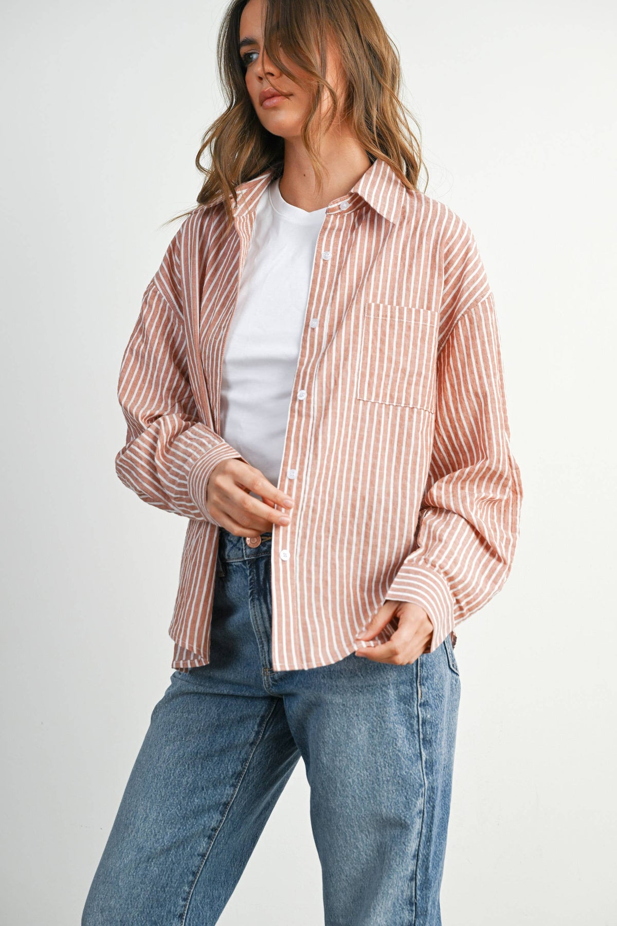 Cropped Striped Button-Up Collared Long Sleeve Top - BMT7915