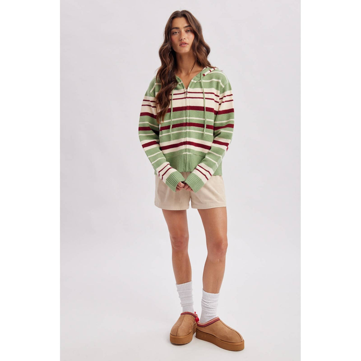 STRIPED ZIP UP SWEATER HOODIE / WL26-13257