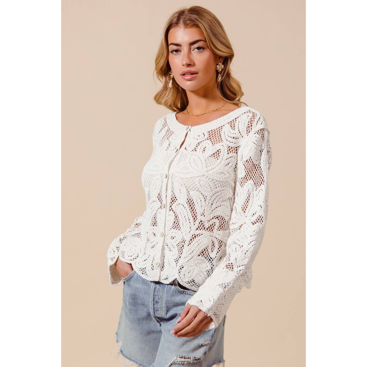 FLORAL PATTERN CROCHET LACE CARDIGAN TOP