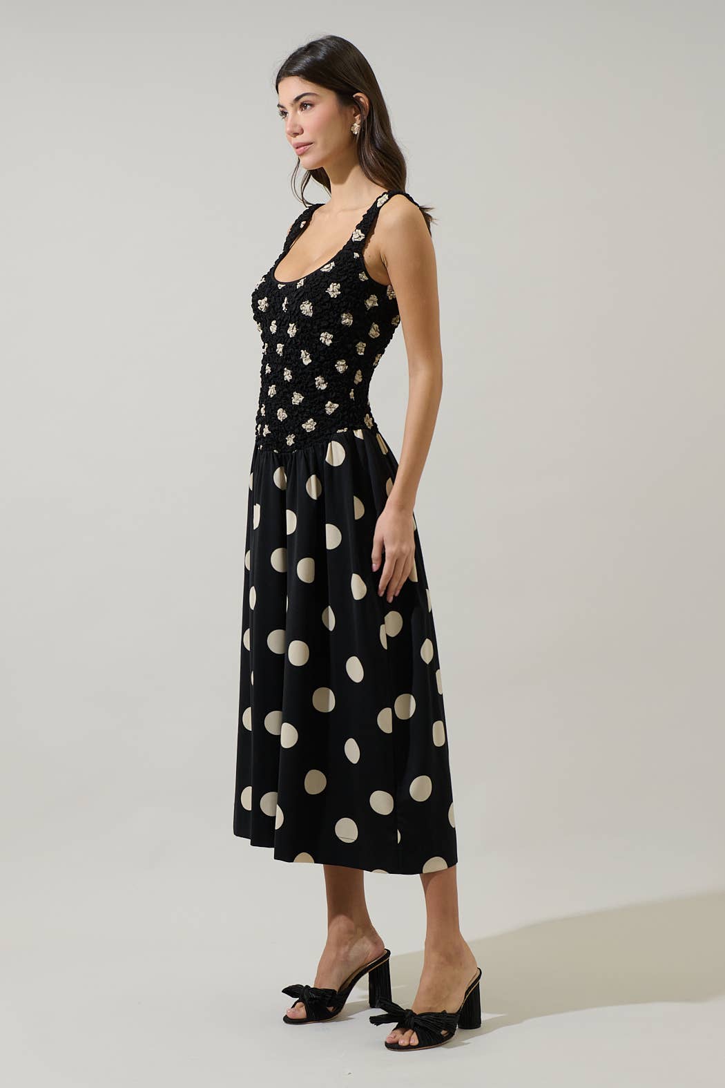 The Demi Dress, Ruched Polka Dot Midi Dress