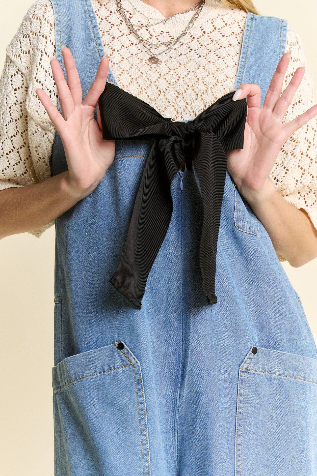 WASHED SOFT DENIM BOW TIE ZIPPER FRONT JUMPSUIT