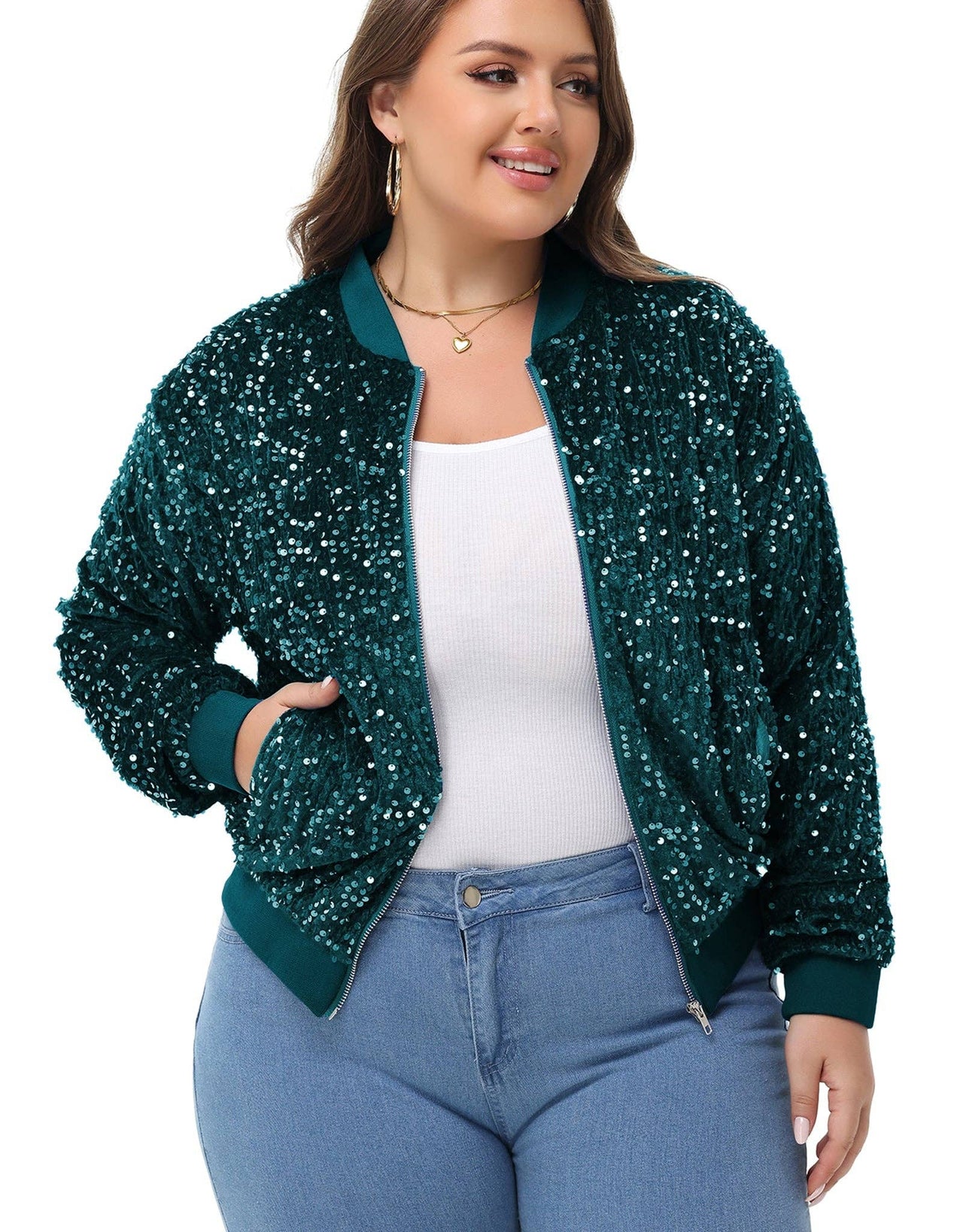 Plus Size Sequin Jacket Sparkly Zip Bomber Coat With Pockets