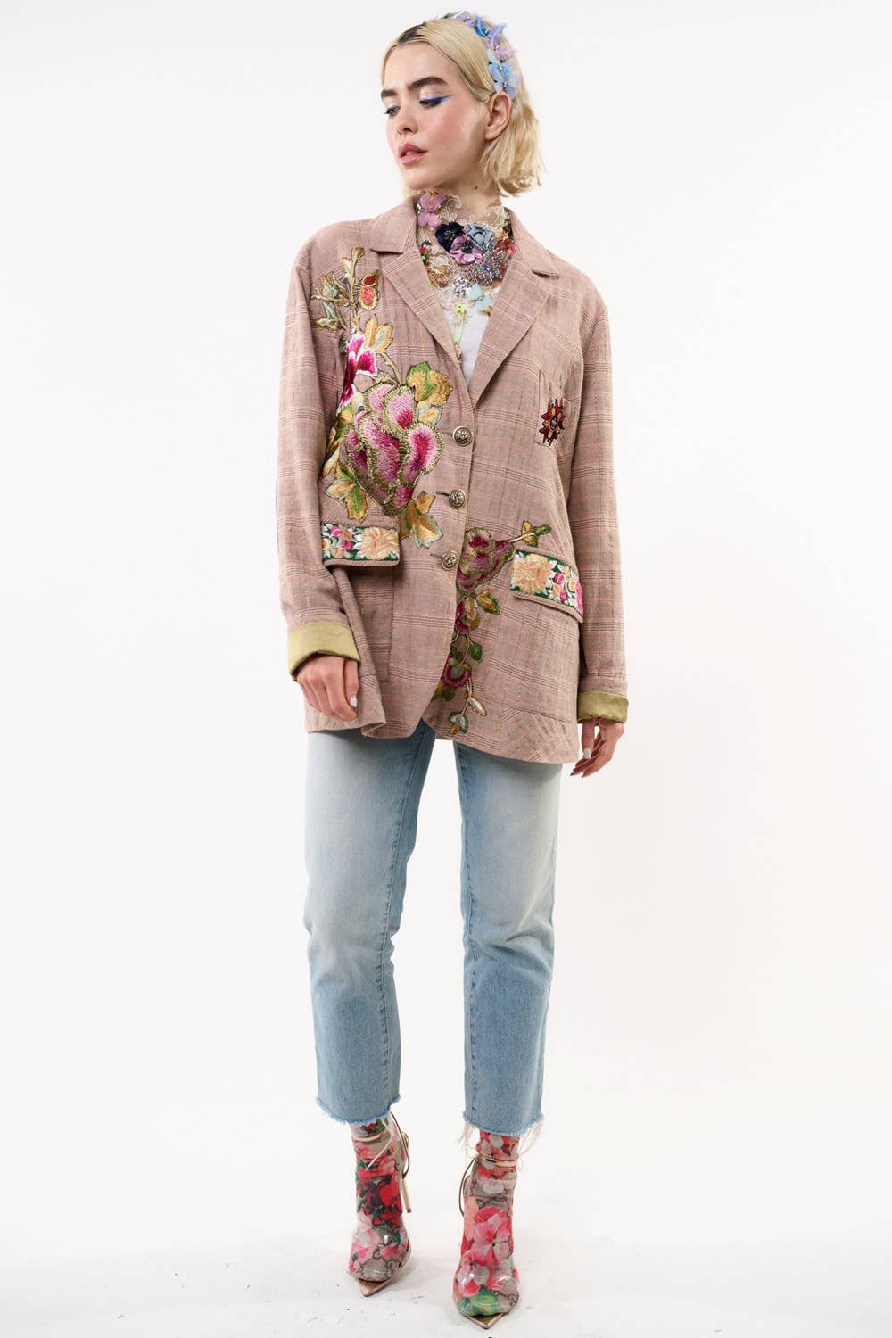 Pink Ash Washed Button-Up Blazer with Embroidered Patches and Velvet Elbow Details