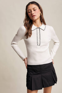 Thumbnail for Contrast Stitch Ribbed Knit Top Black and Soft Cream
