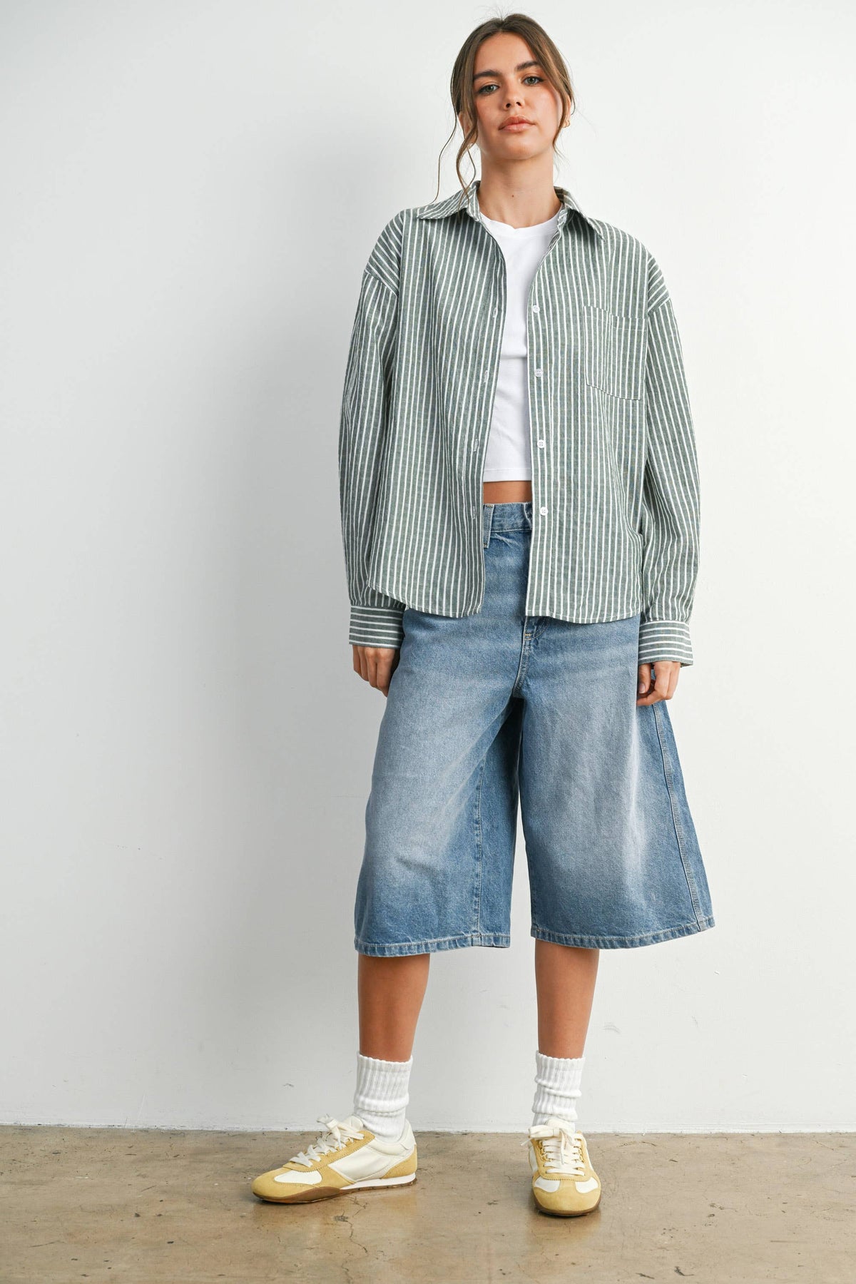 Cropped Striped Button-Up Collared Long Sleeve Top - BMT7915