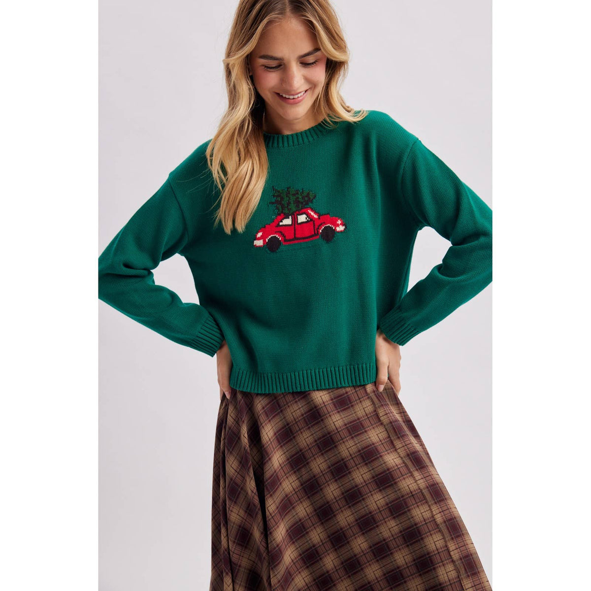 CHRISTMAS TREE CAR GRAPHIC KNIT SWEATER / WL26-14078