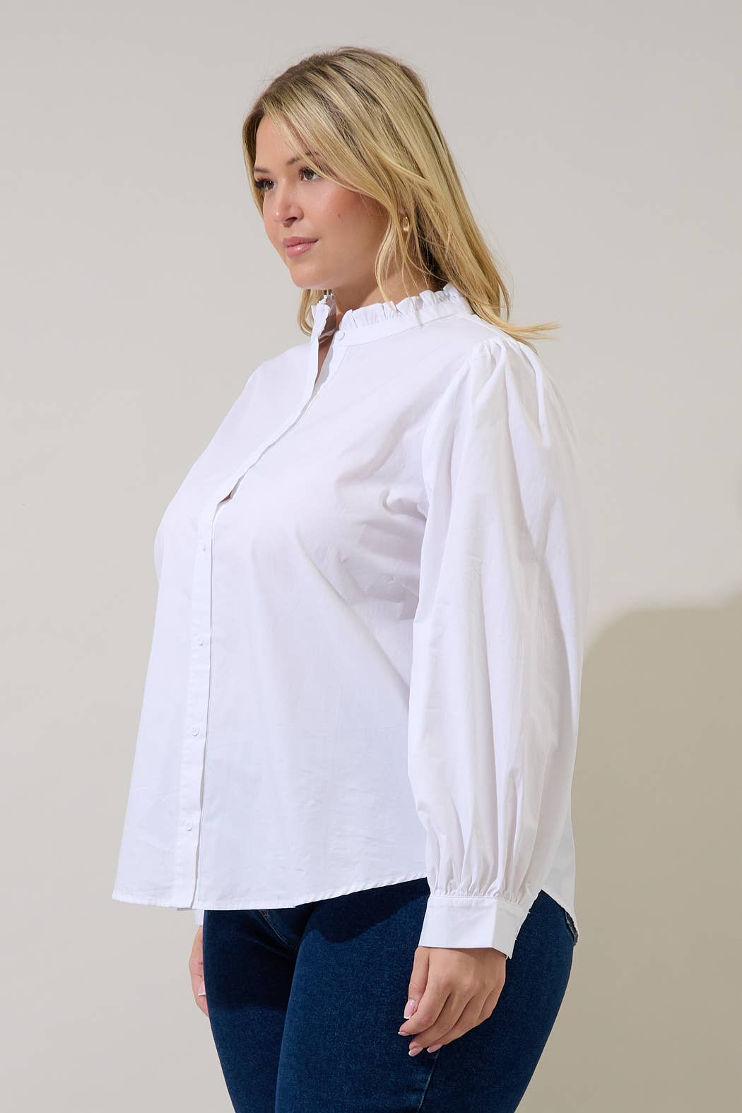 Doris Button Down Shirt Curve | White Cotton Ruffle Collar Blouse