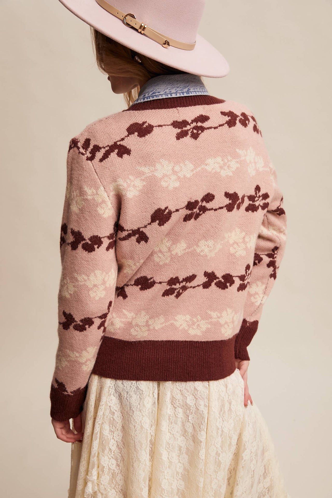 Floral Jacquard Knit Muted Rose Pullover Sweater