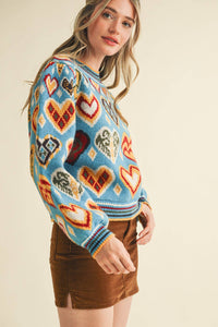Thumbnail for HEART PATTERN PULLOVER SWEATER