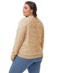 Thumbnail for Plus Size Sequin Jacket Sparkly Zip Bomber Coat With Pockets