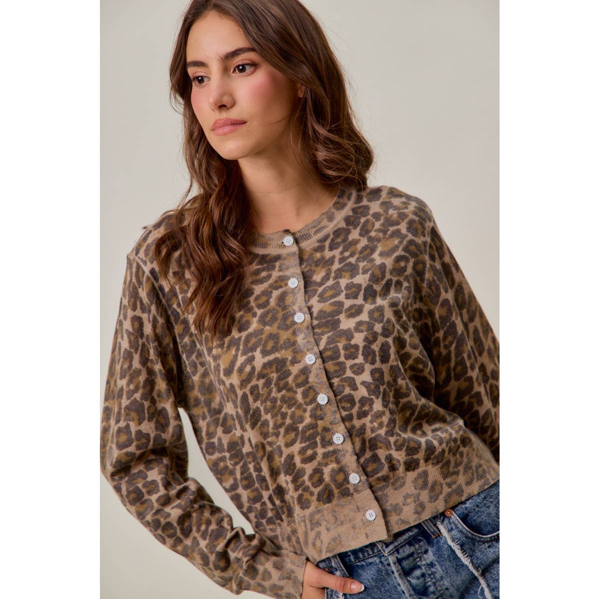 WASHED INSPIRED LEOPARD PRINT SWEATER CARDIGAN