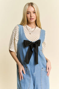 Thumbnail for WASHED SOFT DENIM BOW TIE ZIPPER FRONT JUMPSUIT