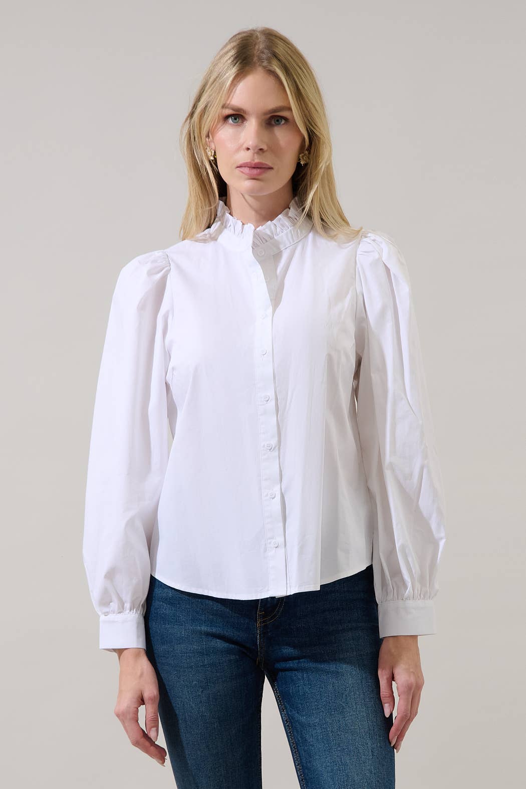 Doris Button Down Shirt | White Cotton Ruffle Collar Blouse