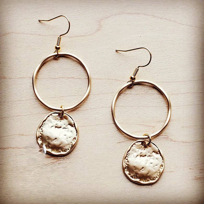 Matte Gold Hoop Earrings with Coin Dangle 203v